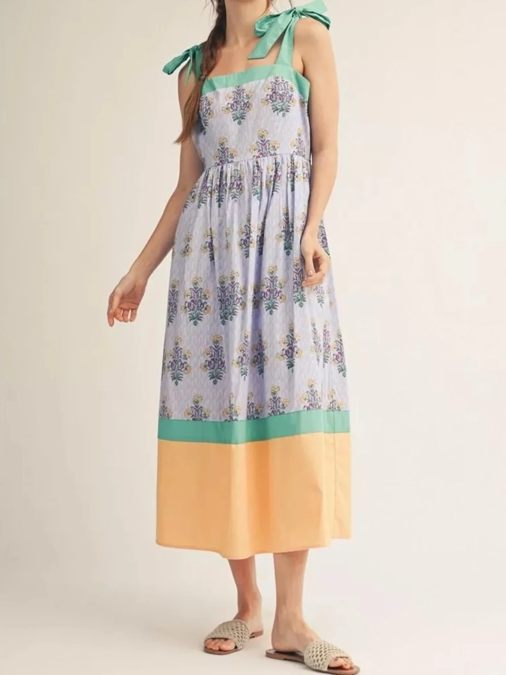 JODIFL Marigold Print Lavender Floral Midi Dress with Mint Straps & Peach Hem S